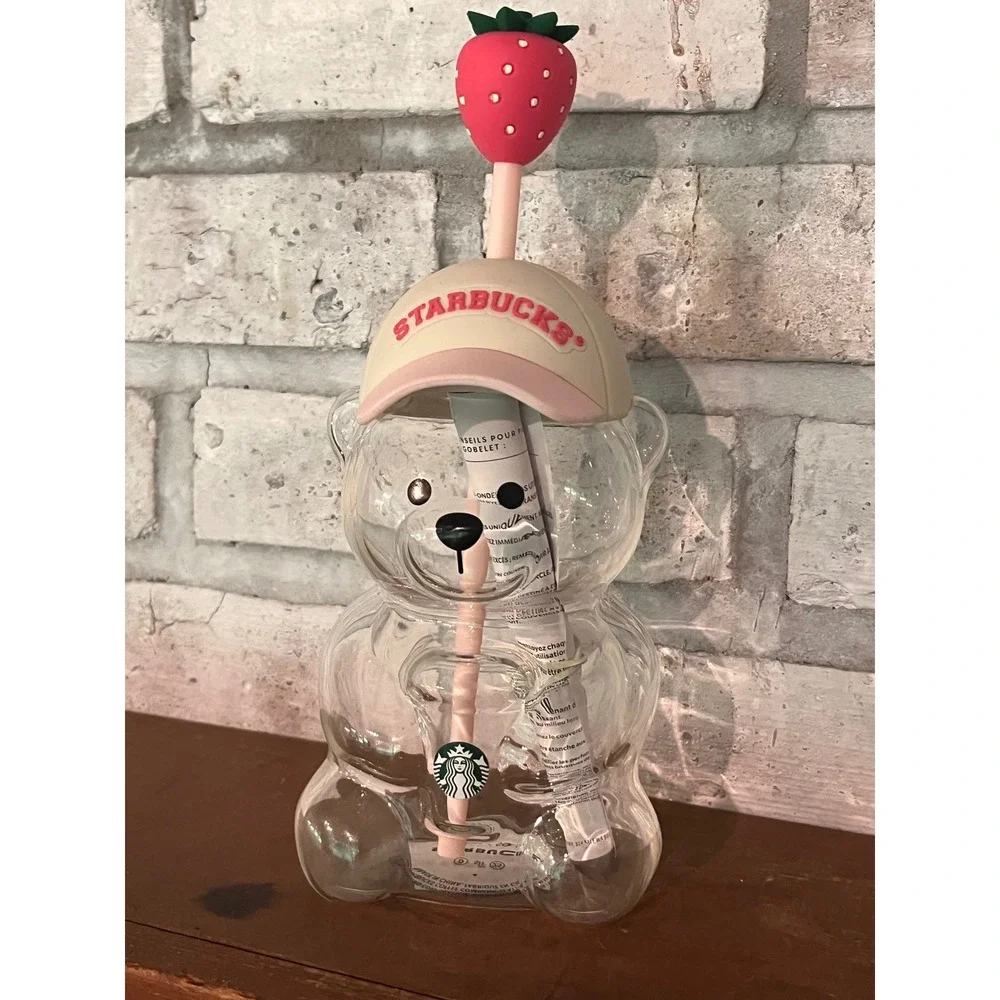 2026 Starbucks Pink Bearista Glass Bear Tumbler Cup w Baseball Cap Strawberry
